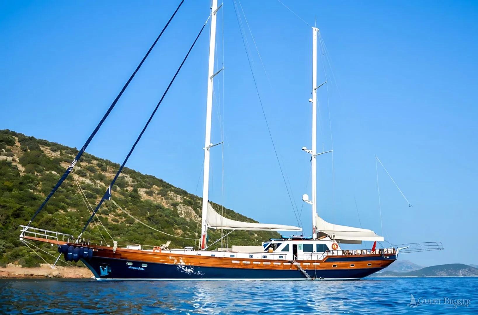 Gulet Papa Joe at anchor, a 34-metre gulet with five cabins, based in Athens, Greece